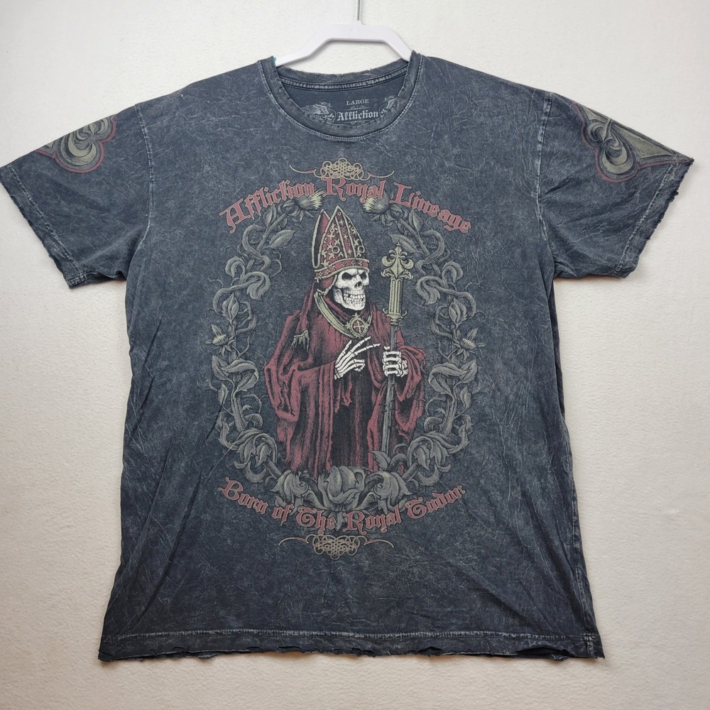 Affliction Mens Royal Lineage Large Gray‎ Distressed Skeleton T-Shirt Tee Y2K